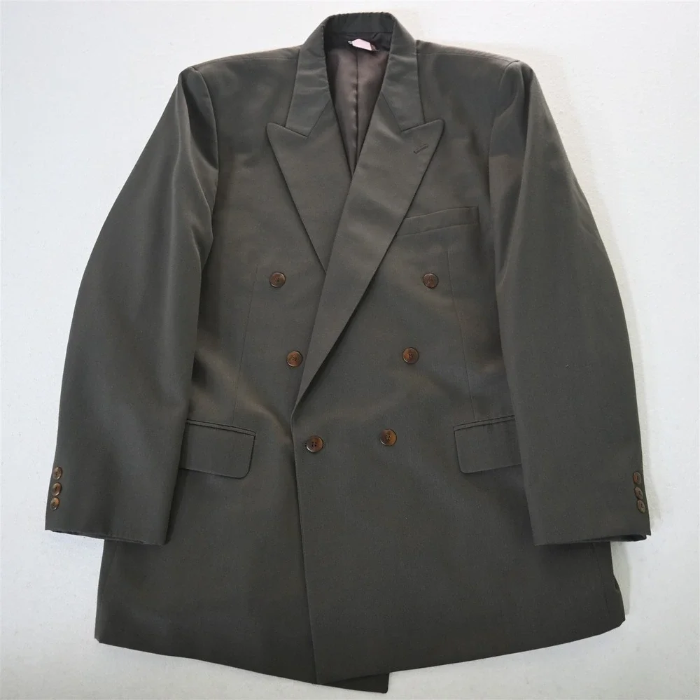 Vtg Bespoke 46L Green Double Breasted Wool Mens Blazer Suit Jacket Sport Coat
